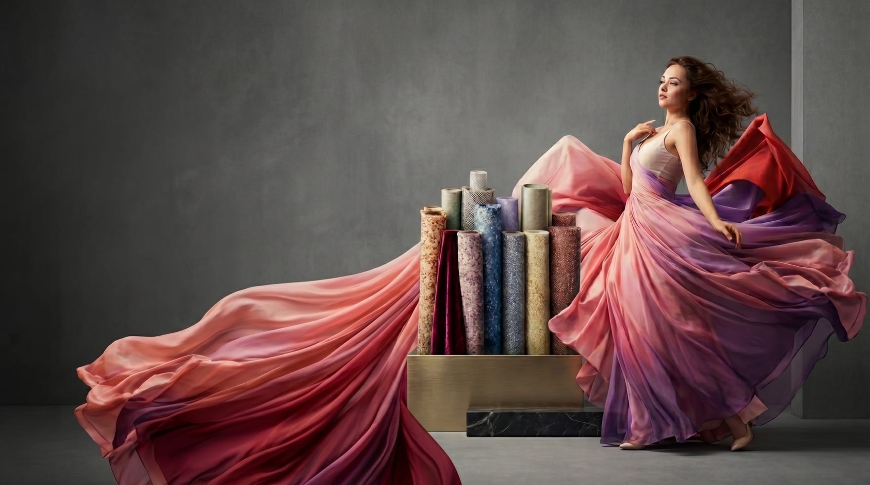 Modelka w powiewnej sukni przechodzącej w bele tkanin Veronica Collection