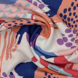 Wiskoza Drukowana Kolorowe Abstrakcyjne Kształty na Bieli